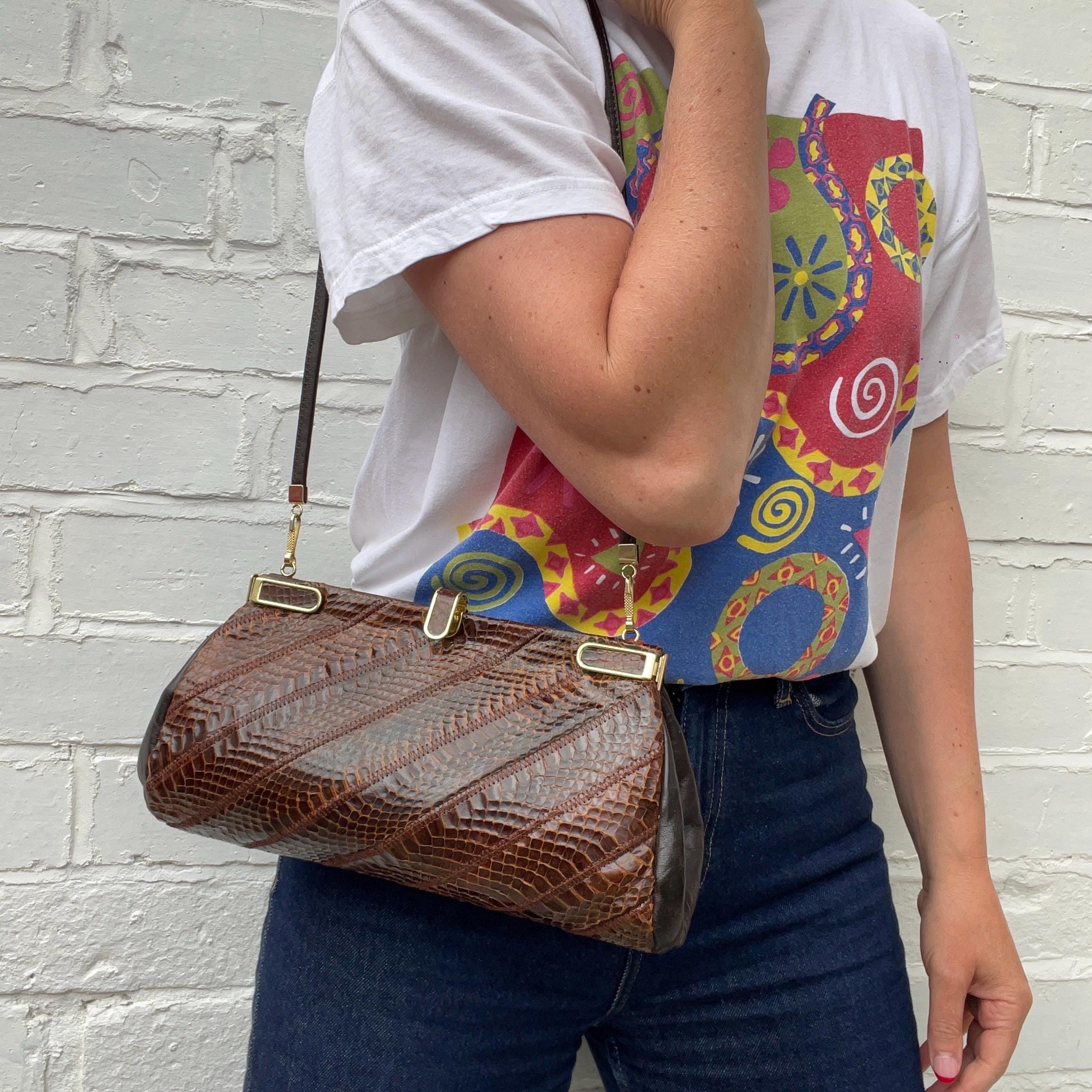 #373 Jane Shilton カデナ 高級 カーフレザー ハンドバッグ Jane Shilton Snake Skin Dark Brown Clutch Shoulder Bag - Etsy