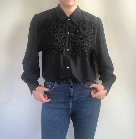 French made Lace Panel 80s Blouse. Silky Blouse