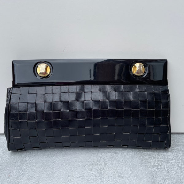 90s Butter Soft Woven Black Leather Clutch