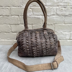 Vintage Grey Leather Medium Sized Handbag with Long Strap