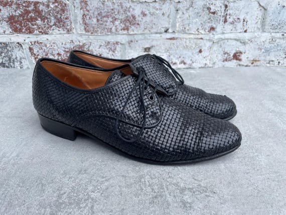 1970s Black Woven Mens Leather Lace up Shoes UK Size 8  display picture 2