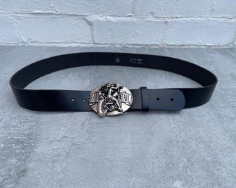 Western Oval Buckle Biker Black Leather Jeans Belt