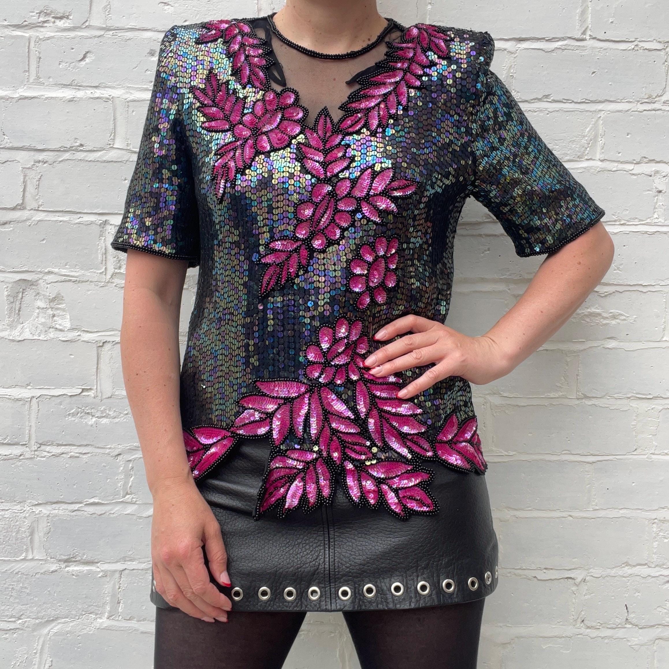 Vintage Frank Usher Sequin & Beaded Silk Evening Top UK Size 10-12