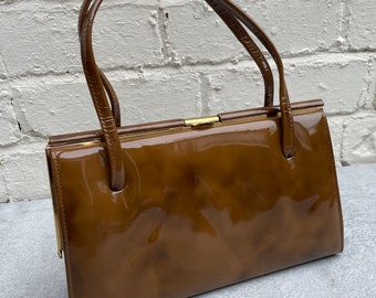 1950s Brown Patent Leather Top Handle Bag