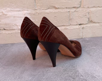 80s Chocolate Brown Suede Court Shoes UK Size 4.5