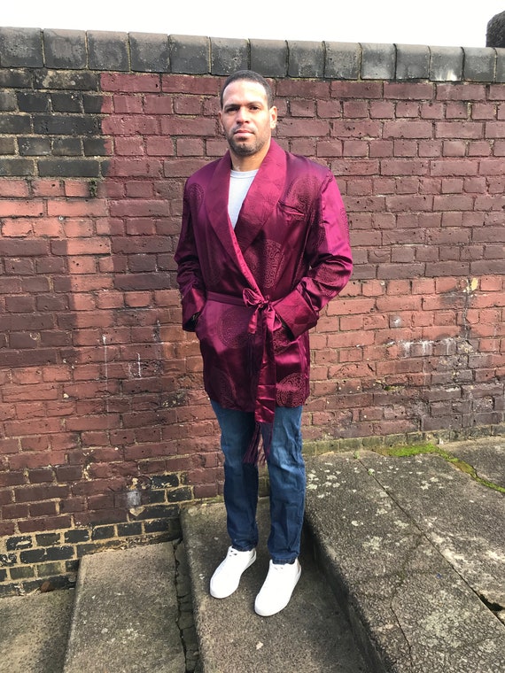 Mens Burgundy Chinese Print Silk Robe / Smoking Ja