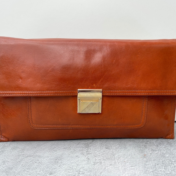 1970s Brown Leather Envelope Style Clutch Bag