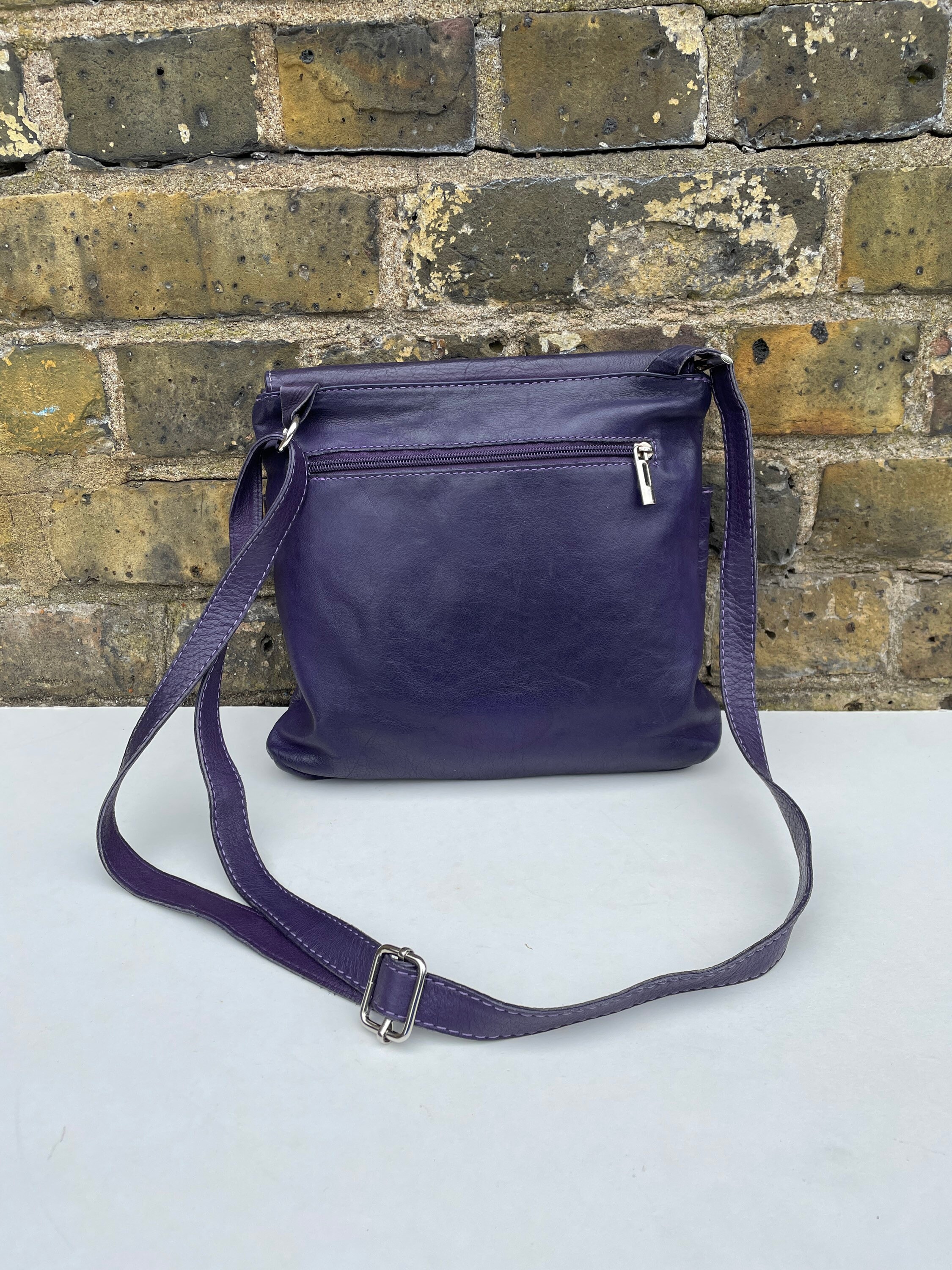 Purple Leather Flat Cross Body Messenger Bag Etsy