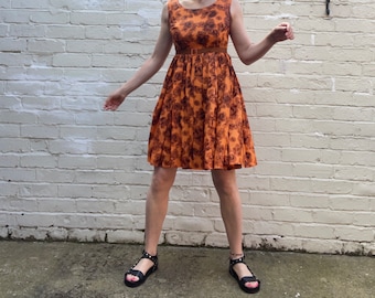 1950s Full Skirt Orange Floral Dress Size UK 10