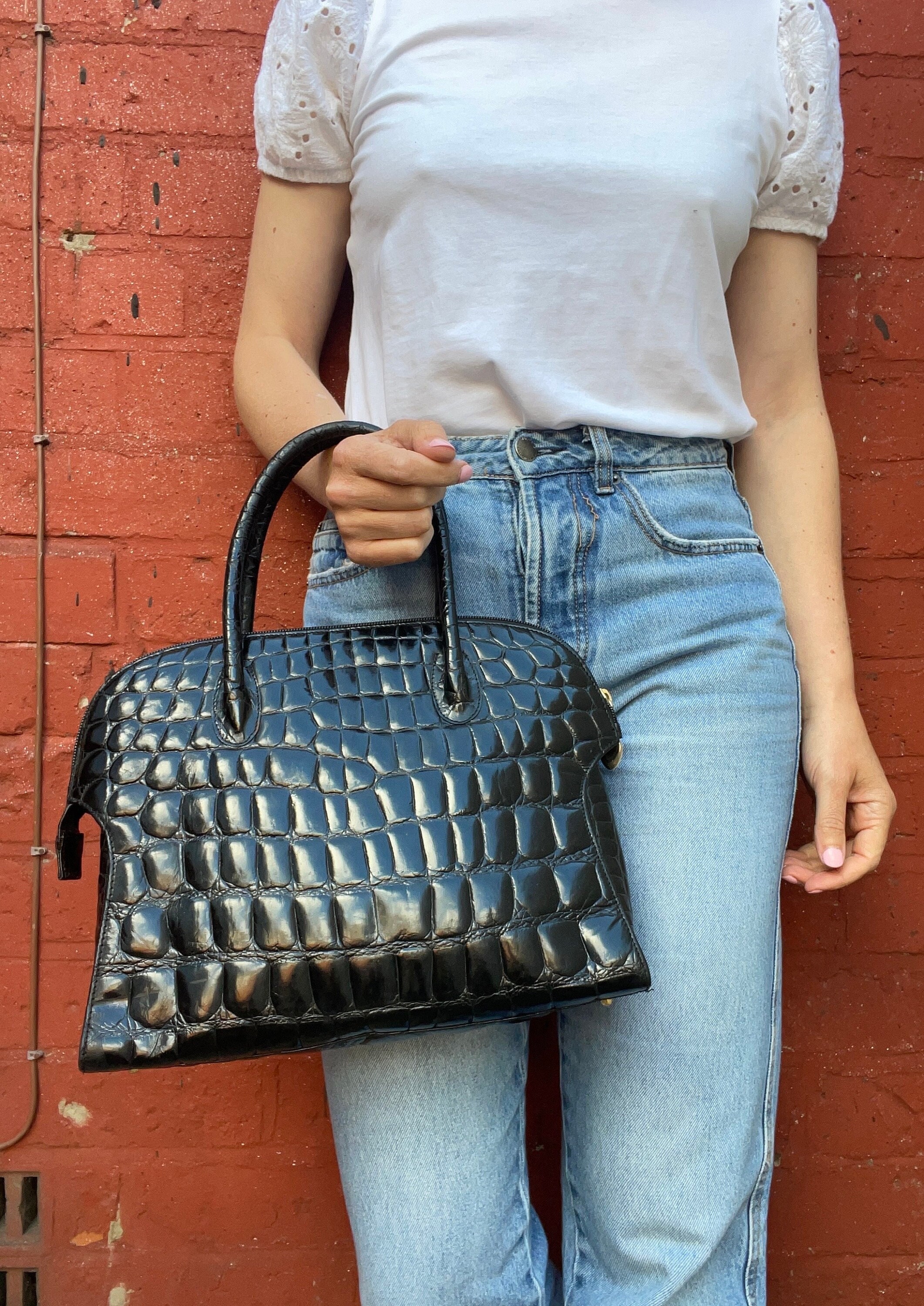 90s Shiny Black Crocodile Embossed Leather Handbag 