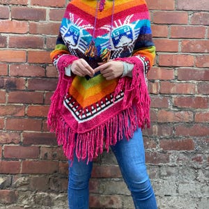 Rainbow knit Aztec Poncho with Fringing and Hood UK size 10-12