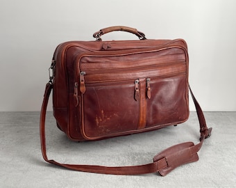 Weathered Tan Brown Leather Briefcase Laptop Work Bag