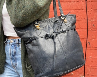 Navy Leather Tote Bag. Leather shopper. Leather Shoulder Bag