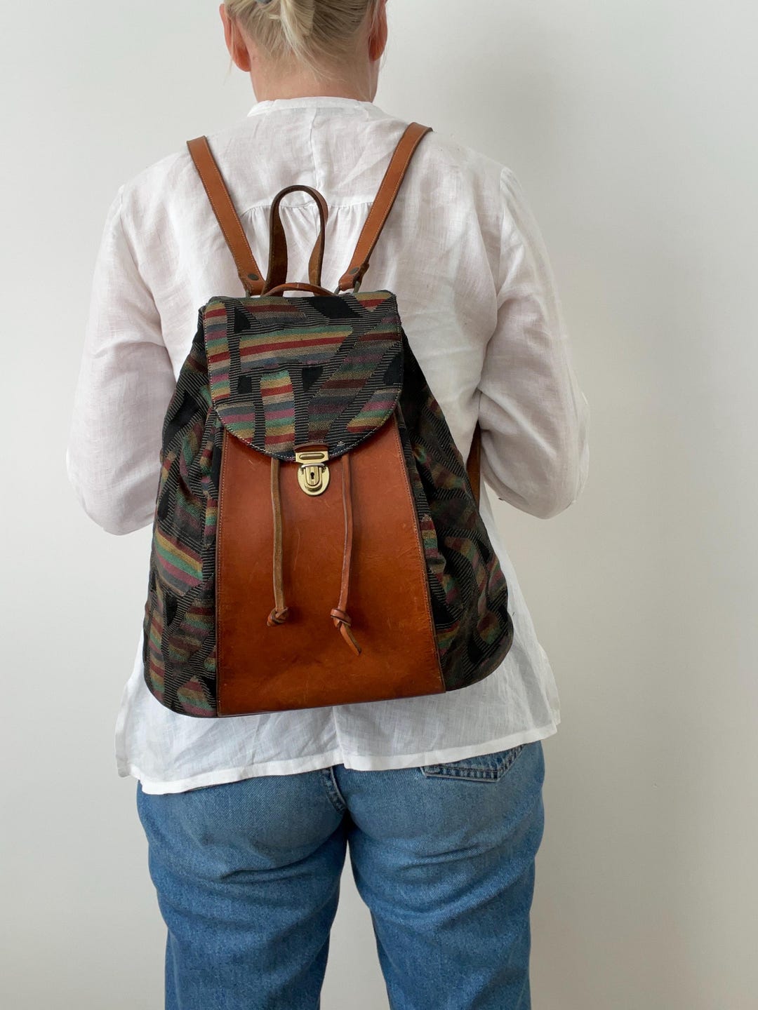 90s Small Fabric and Leather Backpack / Rucksack - Etsy