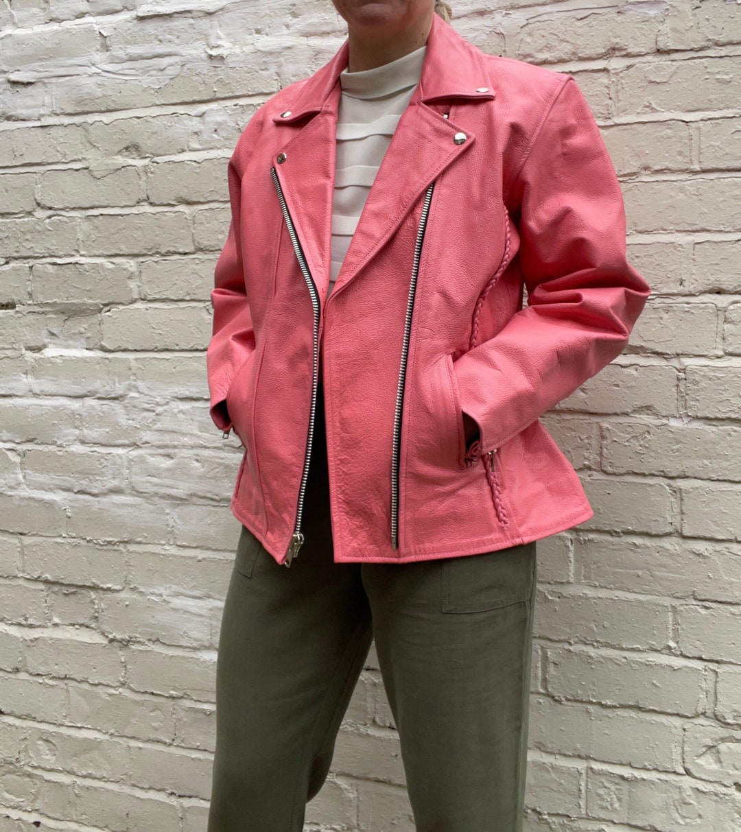 Salmon Pink Biker Style Leather Jacket UK Size 1012 Etsy