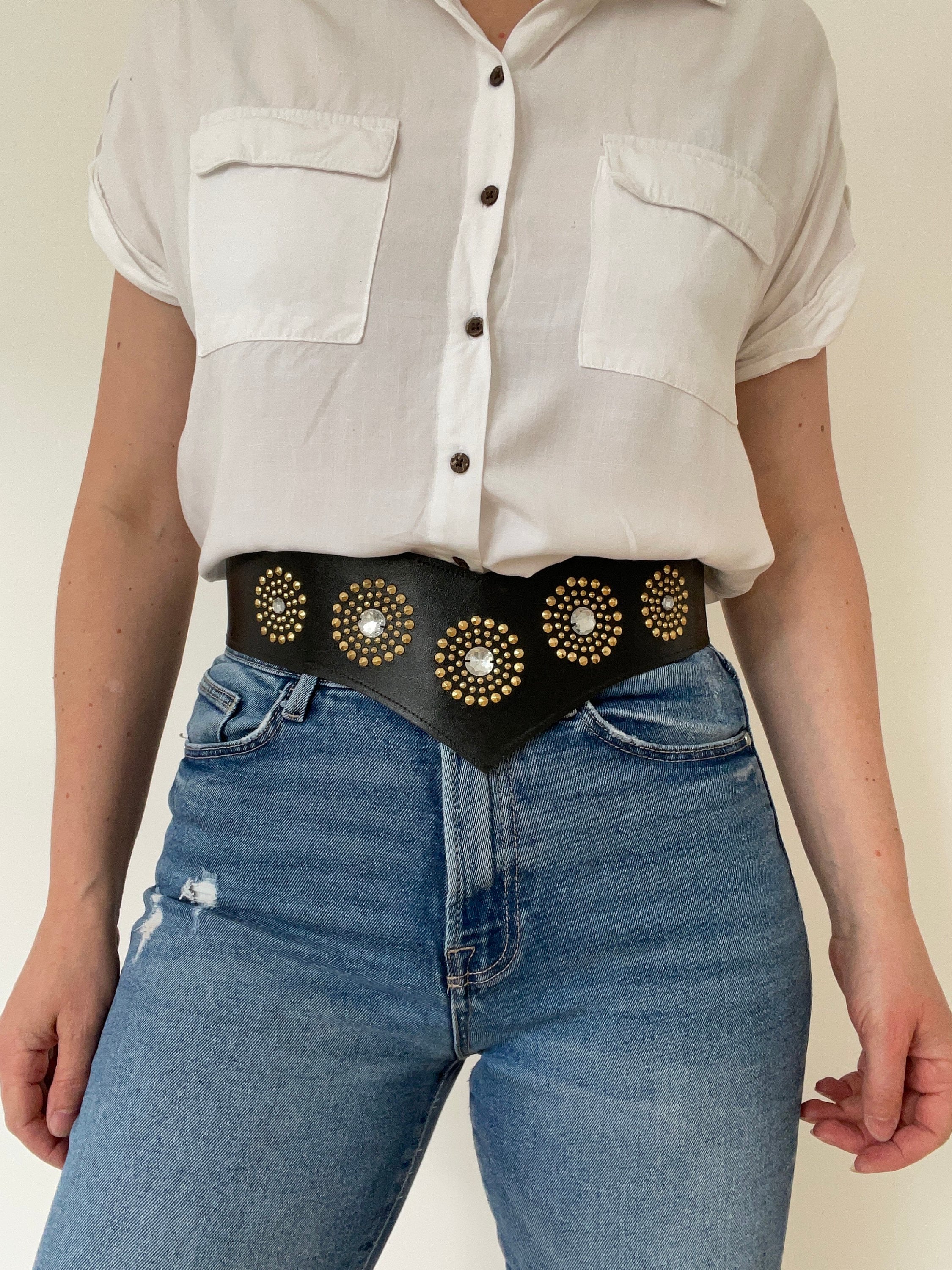 1980s Faux Leather Black & Gold High Waisted Belt - Etsy