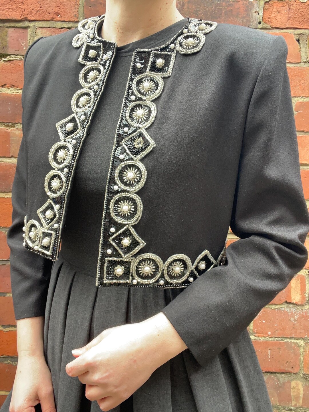 Vintage 90s Y2k ‘Typical Sholay’ Black Beaded Crop Cut-Out Floral Leather Jacket 10 12