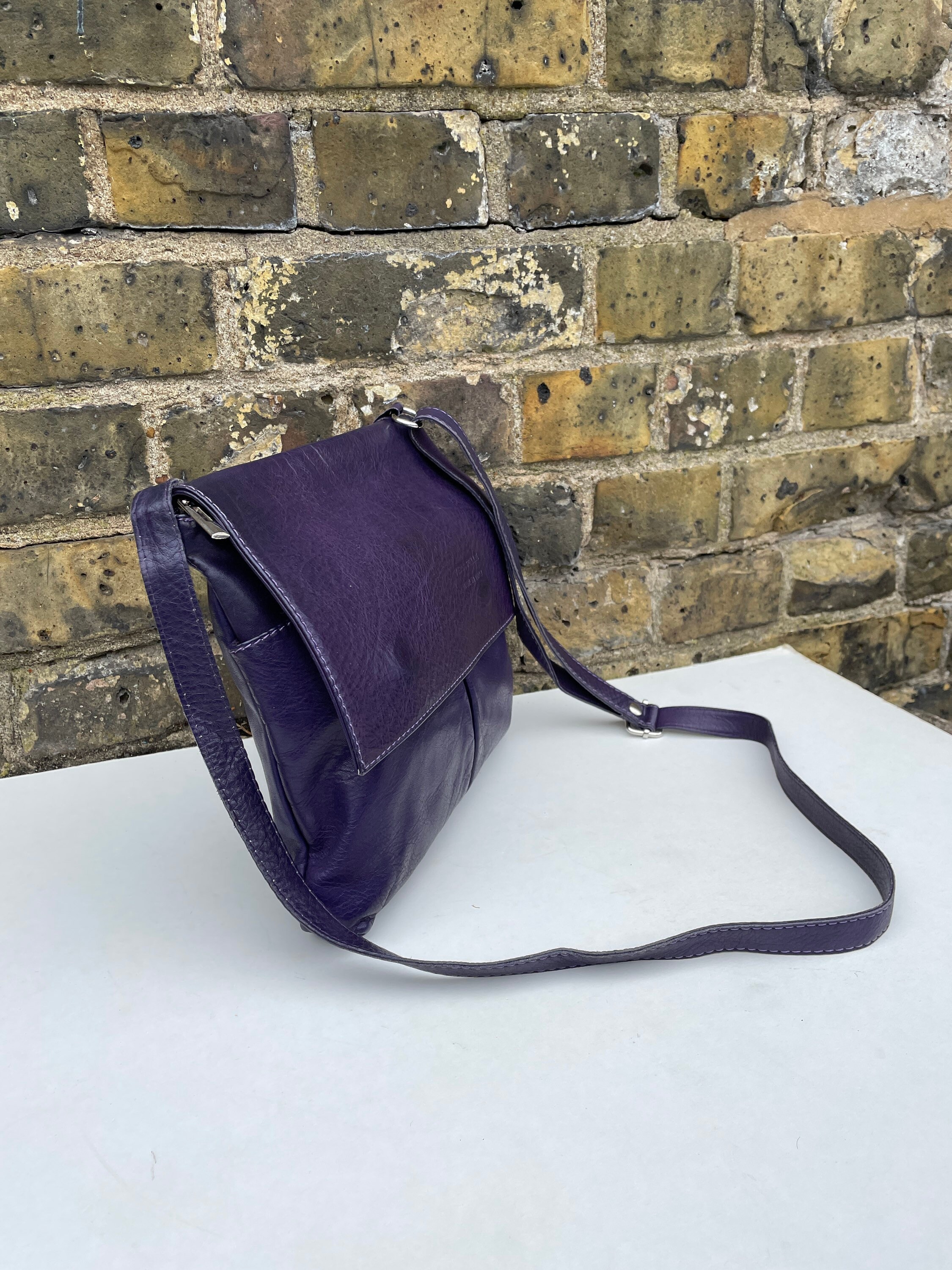 Purple Leather Flat Cross Body Messenger Bag Etsy