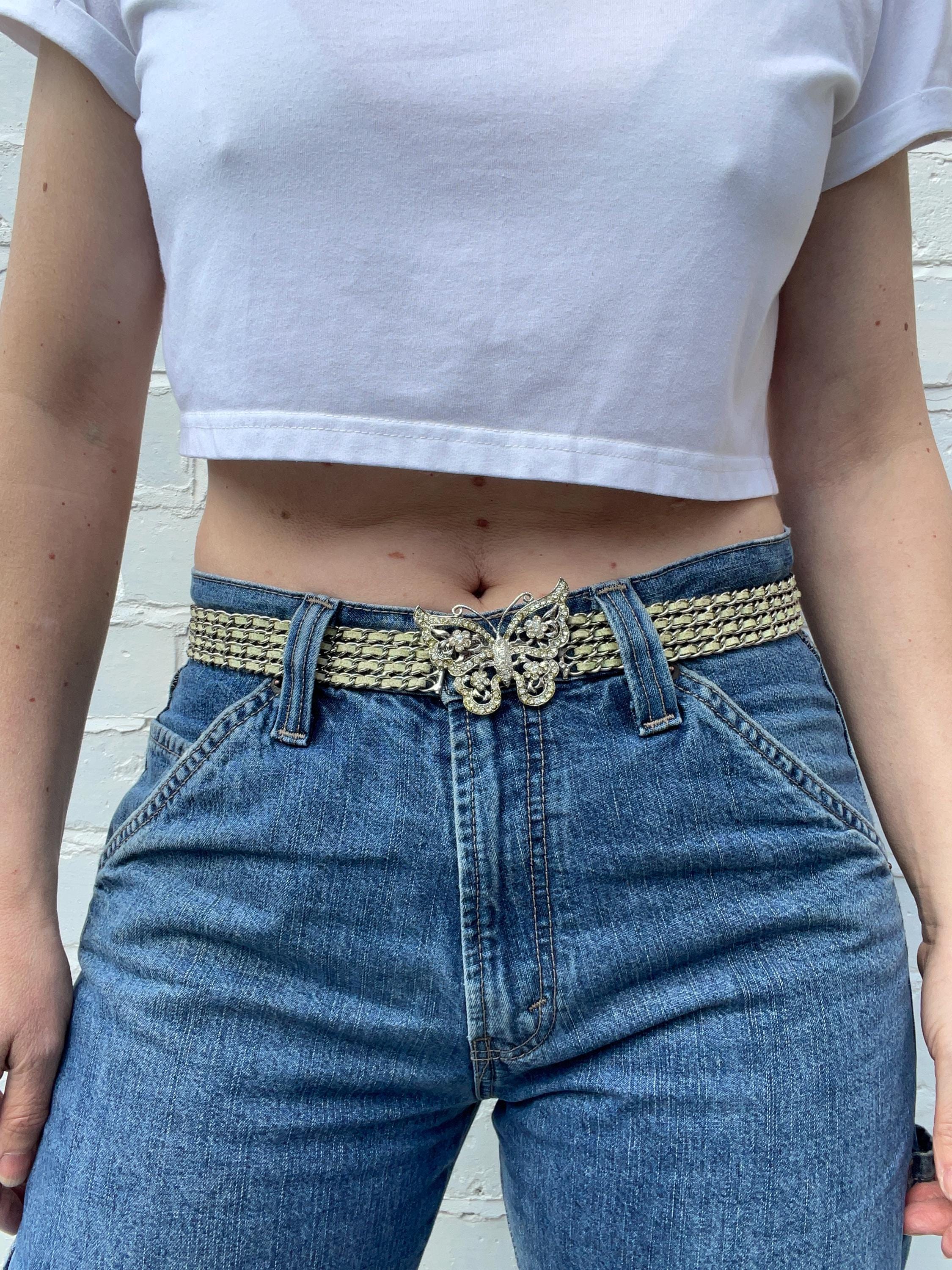 Y2K Diamante Butterfly Buckle Chain & Leather Waist Belt - Etsy