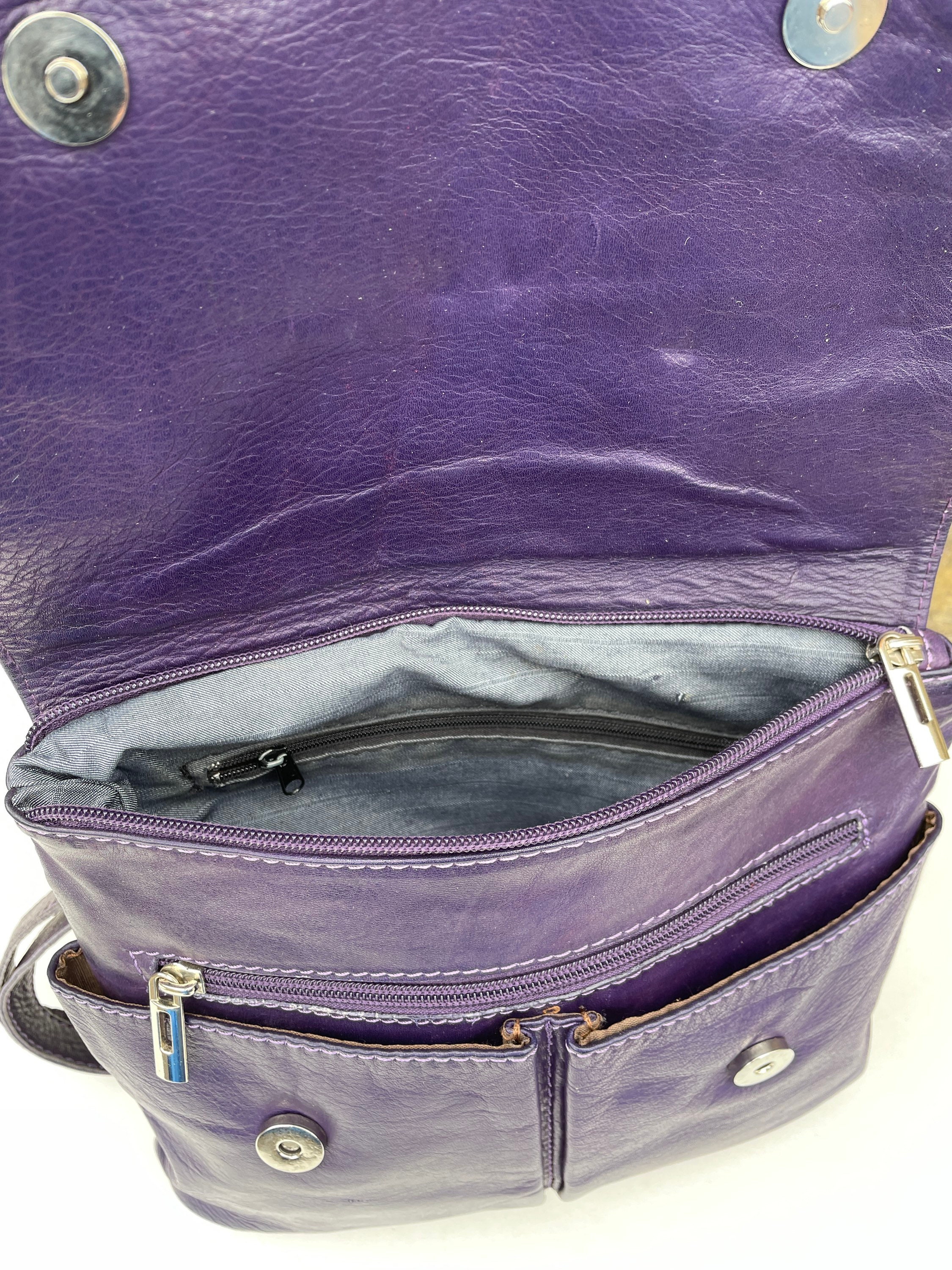 Purple Leather Flat Cross Body Messenger Bag Etsy