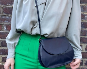 1980s Small Simple Dark Blue Leather Shoulder Bag
