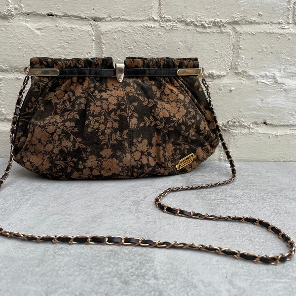 80s Ruched Floral Print Suede Shoulder Bag