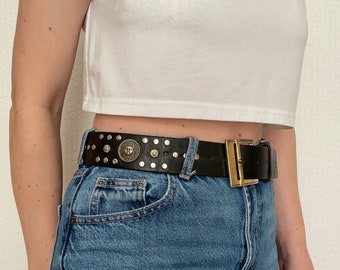 90s Thick Black Leather Sun Studded Jeans Belt