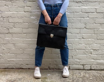Classic Black Leather Slim Briefcase / Laptop / Documents Bag