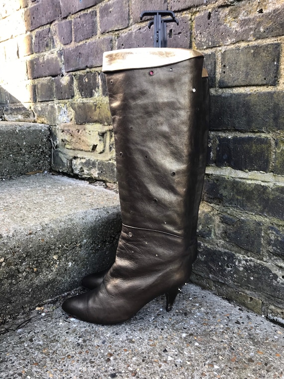 Long Slouchy Gold Leather 80s Boots with Cone Heel