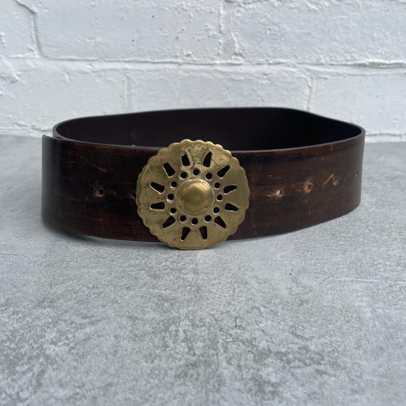 Bohemian Leather Belt with Decorative Round Brass Buckle Thick High Waisted Boho Belt With Round Brass Buckle - Etsy main image 2