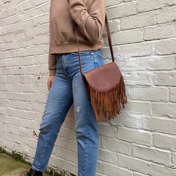 Small Brown Leather Fringed Cross Body Saddle Bag