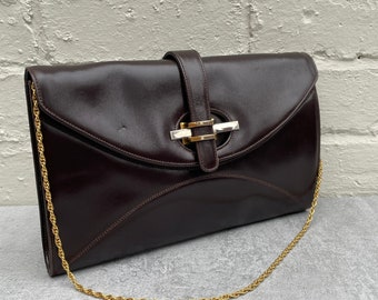 Dark Brown Shiny Leather Clutch With Chain Strap