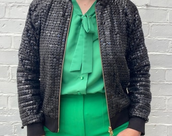 Chaqueta bomber de tela negra con lentejuelas y cremallera, talla 8-10 del Reino Unido