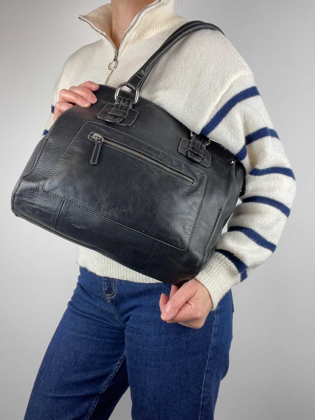 Tula Thick Black Leather Shopper Style Shoulder Bag - Etsy