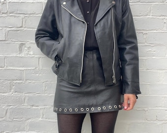Vintage Fitted Black Leather Motorcycle Jacket UK Size 10-12