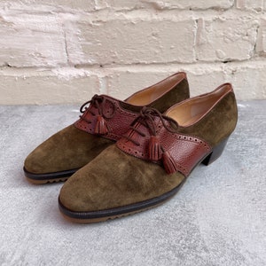 40s Style Green Suede & Brown Leather Perforated Lace Up Brogues UK Size 3