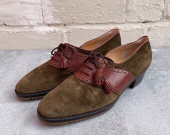 40s Style Green Suede & Brown Leather Perforated Lace Up Brogues UK Size 3