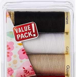 May include: A pack of Gütermann thread spools in a clear plastic case. The spools are black, white, beige, red, navy, and olive green. The packaging includes the text "VALUE PACK" and "Gütermann creativ".