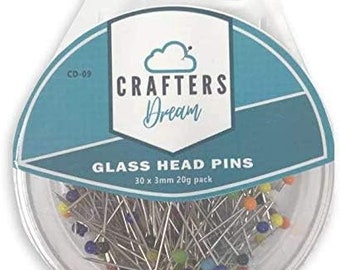 Crafters Dream Glass Head Pins-Assorted Colours. 30 x 0.60mm Ideal for Dressmaking, Sewing, Crafting and More. Heat Resistant and Rust Free.