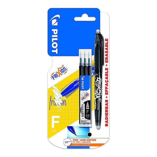 Pilot Frixion Erasable Rollerball Pen Fine 0.5mm Tip- Black or Blue, Pen and 3 Refills