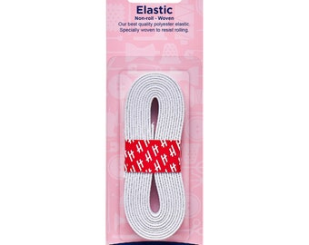 Hemline White Polyester Non-Roll Woven Elastic 2m x 12mm or 1m x 25mm
