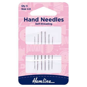 May include: A pink and blue pack of six self-threading hand needles, sizes 4-8. The pack has a Hemline logo and a clear plastic window showing the needles.
