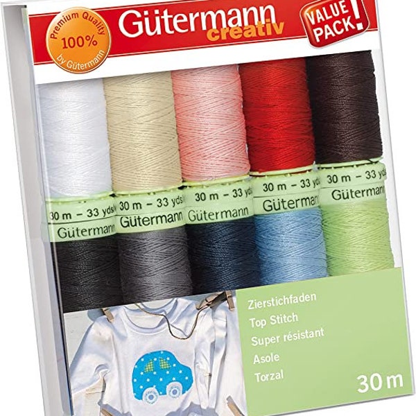 Gutermann Creativ Thread Set: Top Stitch Assorted Thread Set 30m, 7 Spools or 10 Spools