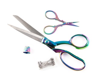 The Quilted Bear Rainbow Dressmaking Set-Rainbow Premium 21.5cm Dressmaking Shears 9.5cm Nail/Embroidery Scissors, Sewing Thimble & Pins Set