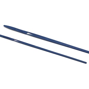 May include: Two blue plastic threading needles, one longer than the other, isolated against a white background.