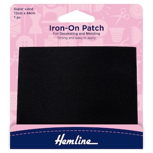 May include: Black iron-on patch, super sized, 12cm by 44cm, for decorating and mending. Hemline brand.