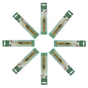 May include: A set of eight gold crochet hooks, each individually packaged in a green and white plastic wrapper. The hooks are arranged in a starburst pattern. The packaging features the brand name "Clover" and the size of the hook, "2.5 mm (UK Size 8).