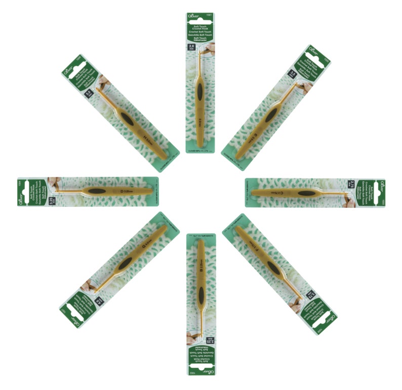 May include: A set of eight gold crochet hooks, each individually packaged in a green and white plastic wrapper. The hooks are arranged in a starburst pattern. The packaging features the brand name "Clover" and the size of the hook, "2.5 mm (UK Size 8).