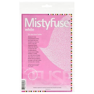 May include: A pink package containing a white mesh sheet. The package has the text "Mistyfuse" and "white" printed on it. The text "The ideal sheer fusible." is also printed on the package.