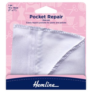 May include: White iron-on pocket repair patch, 18 cm by 18 cm, packaged on a pink background with sewing themed graphics. The package says "Pocket Repair Iron-on" and "Easily repairs pockets for pants and jackets". The bottom of the package says "Hemline".